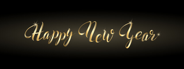 Festive inscription Happy New Year in the form of sparkling golden ribbons isolated on a dark background.