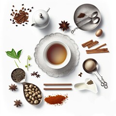chai tea cups, knolling photography on white background of breakfast. White table with tea with spices, leaves, cinnamon and sugar decorations. Tea ball strainer with teapot. Flat lay on white.
