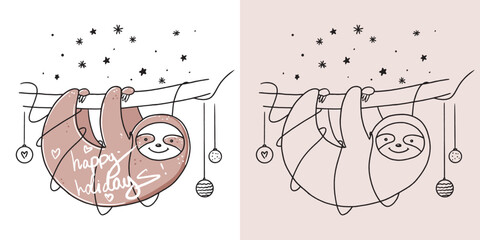 Funny Sloth Christmas vector illustrations. Doodle sloth bear. Cartoon animal illustration © Alesse