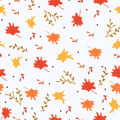 Autumn leaves pattern on the white background.  Perfect for wallpapers, wrapping papers, pattern fills, textile, autumn greeting cards, home decor, hobby, invitation. Vector illustration.