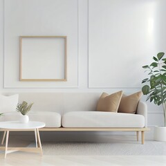 Minimal comfortable home living room interior design with comfy couch, minimalist coffee table, home decor, indoor plant, large window and frame mockup on white wall. 3d render, 3d illustration