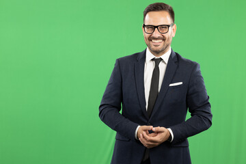 Young formal dressed buisness man, showing different emotions on green screen, green background. - Powered by Adobe