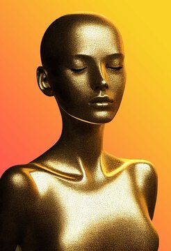 Vertical shot of an AI generated image of a golden plated girl statue on an orange background