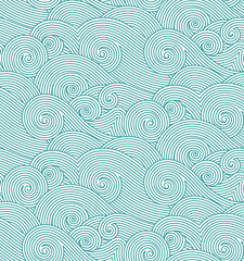 Abstract hand drawn green turquoise blue and white decorative waves background. Vector seamless oriental ornamental wavy hand drawn lines pattern. Tattoo style coloring page line art illustration. - obrazy, fototapety, plakaty