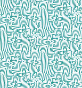 Fototapeta Abstract hand drawn green turquoise blue and white decorative waves background. Vector seamless oriental ornamental wavy hand drawn lines pattern. Tattoo style coloring page line art illustration.