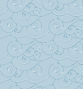 Abstract hand drawn blue and white decorative waves background. Vector seamless oriental ornamental wavy hand drawn lines pattern. Tattoo style coloring page line art illustration.