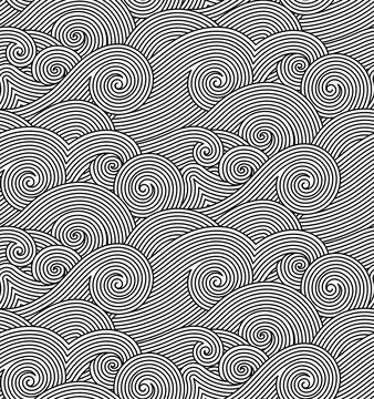 Geometric hand drawn black and white abstract decorative waves background. Vector seamless oriental ornamental wavy hand drawn lines pattern. Tattoo style coloring page line art illustration.