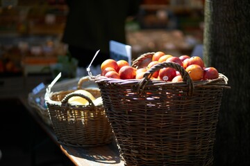 Baskets full of fresh oranges and pomelos are displayed in a market