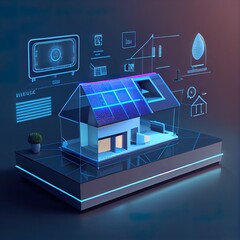 Concept of smart home or internet of things technology. Scale model of contemporary house on the interactive display with infographic elements. 3D illustration on dark background.