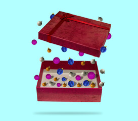 open box with decorations, creative christmas concept
