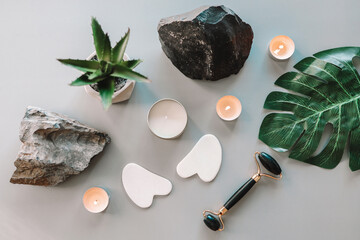 Jade facial roller and gua sha scraper and natural stone with greenery on a gray background. Facial...