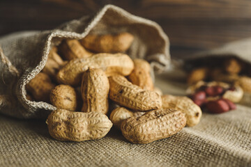 Peanuts in a bag on a woody background