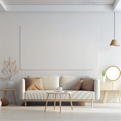 Living room interior wall mockup in minimalist style, empty warm white background. 3d rendering, 3d illustration