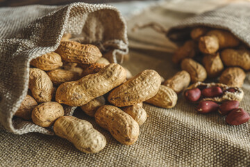 Peanuts in a bag on a woody background