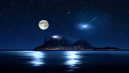 big moon on night starry sky at sea mountains on horizon nature background