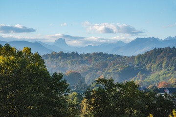 Panoramic view over the Pic du Midi d'Ossau from the Boulevard des Pyrenees in Pau / France during...
