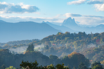 Zoomed view over the Pic du Midi d'Ossau from the Boulevard des Pyrenees in Pau / France during...