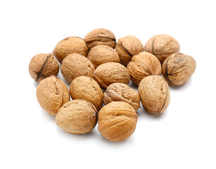Heap of fresh walnuts isolated on white background
