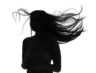Silhouette of young woman with long hair on white background