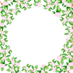 Round frame made of branches with pink berries. Watercolor illustrations for Christmas, New Year, birthday, wedding. Design for postcards, invitations, congratulations, postcards, logos, tags, labels.