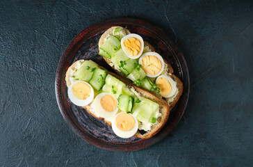 Plate of tasty toasts with boiled egg and cucumber on dark color background