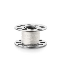 Metal spool of thread on white background