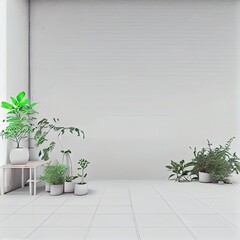 White wall empty room with plants on a floor,3D rendering