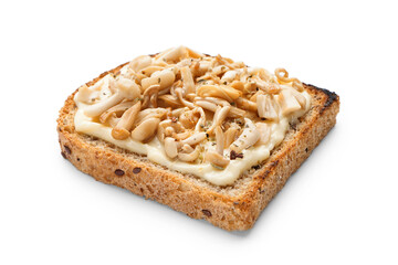 Tasty toast with cream cheese and mushrooms on white background