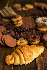 Large group of delicious pastries and chocolates