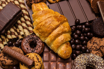 Large group of delicious pastries and chocolates