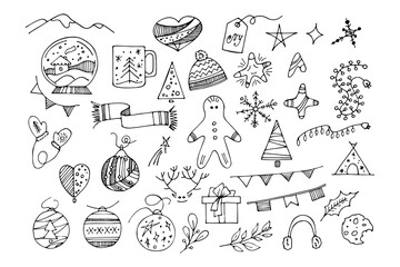 A large set of Christmas pictures in doodle style, New Year's illustrations for greeting card design, for design of a poster, banner, print. Vector hand drawn art