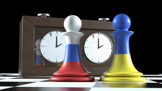 Chess figures on Chess board.Russia vs Ukraine War Concept. Chess analog clock.Flag colored pawns Standing Face to Face in Conflict.Battle illustration. Position warfare.3D render.