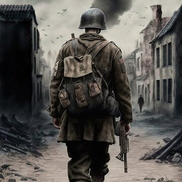 Lone Greman World War II Soldier Walking Away. Back View. Impactful Digital Painting. War Scene With Smoke, Explosions, Ruins.