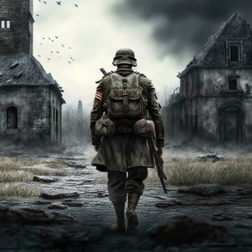 Lone Greman World War II Soldier Walking Away. Back View. Impactful Digital Painting. War Scene With Smoke, Explosions, Ruins.