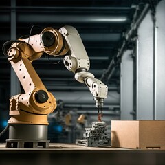 Robot at work. Robotic arm, smart technology manufacturing process. Artificial intelligence for the future.
