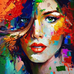 Oil painting with palette knife. Abstract colorful conceptual artwork portrait of beautiful woman.