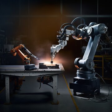 Robot at work. Robotic arm, smart technology manufacturing process. Artificial intelligence for the future.