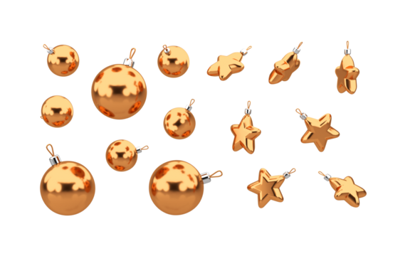 Set of Christmas glass balls in different size. Golden holiday balls in assortment. Star shaped and round decorative set isolated on black background. 3d rendering - Powered by Adobe