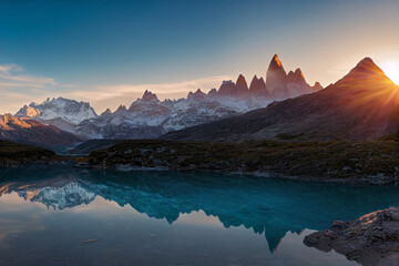 sunrise in the Patagonia mountains - generative AI - obrazy, fototapety, plakaty
