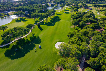 Aerial view of green grass and trees course on Luxury golf field