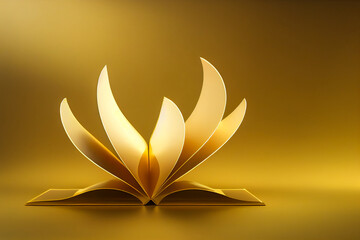 Image of an open golden book whose pages look like a lotus flower. This flower is the symbol of Zen meditation and Asia. 3D illustration.