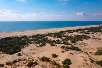 Beautiful Patara sandy beach with blue sea Kalkan, Antalya Turkey. Aerial top view from drone