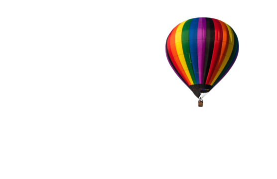 Colorful rainbow hot air balloon isolated PNG right corner copy space
