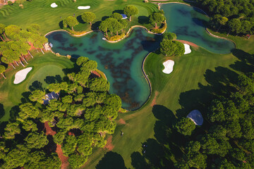 Green golf course luxury field with lake, aerial top view