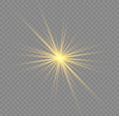 Set of yellow stars bursts with sparkles. Sunlight special lens flare light effect. Shine, sparks, flash on transparent background. Glowing lights, star gold sparkl. Transparent shining sun. Vector.