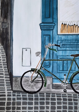ilustración de bicicleta vintage en la calle frente a una tienda pintada a mano