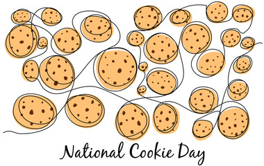 Single-line chocolate chip cookies with color silhouette on white isolate. Vector illustration for World Cookie Day. Stock image of goodies.