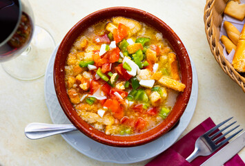 Portion of cojondongo, typical summer dish from Extremadura, Spain.