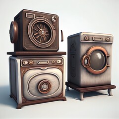 Antique Washing Machines on white background. 3D image