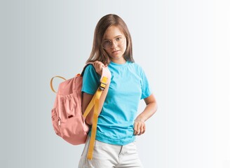 School student child with backpack posing